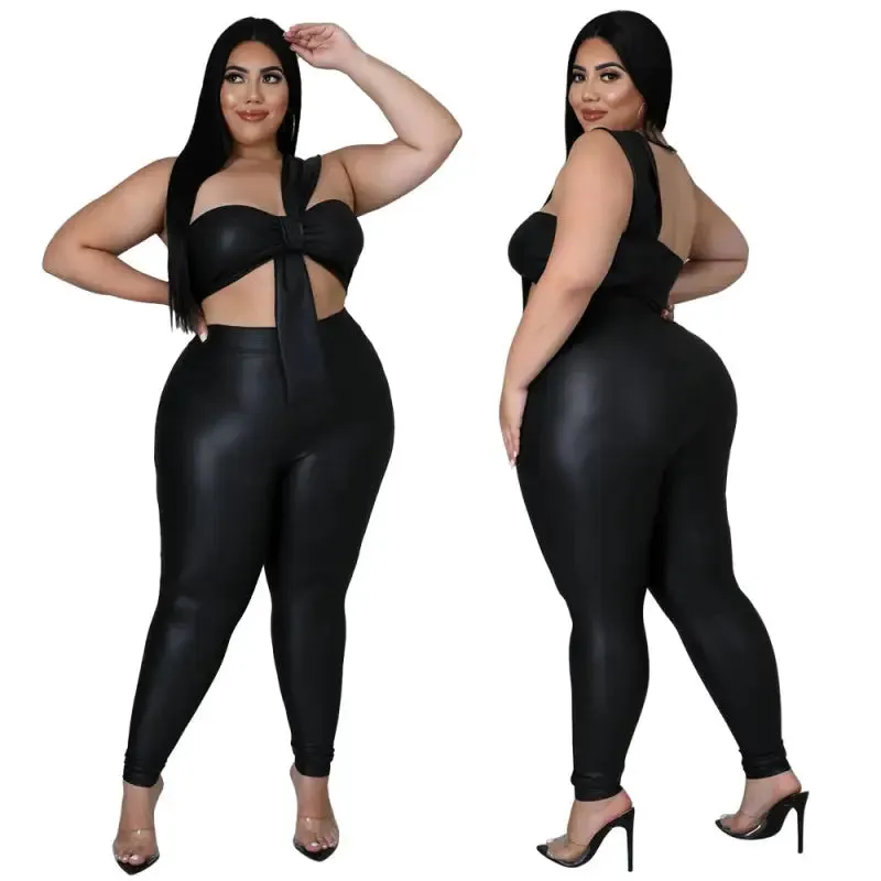 Plus-Size T-Cross PU Leather Top Leggings Set