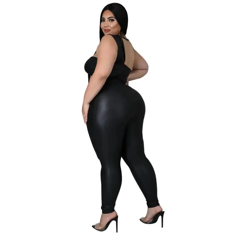 Plus-Size T-Cross PU Leather Top Leggings Set