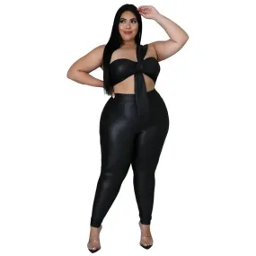 Plus-Size T-Cross PU Leather Top Leggings Set