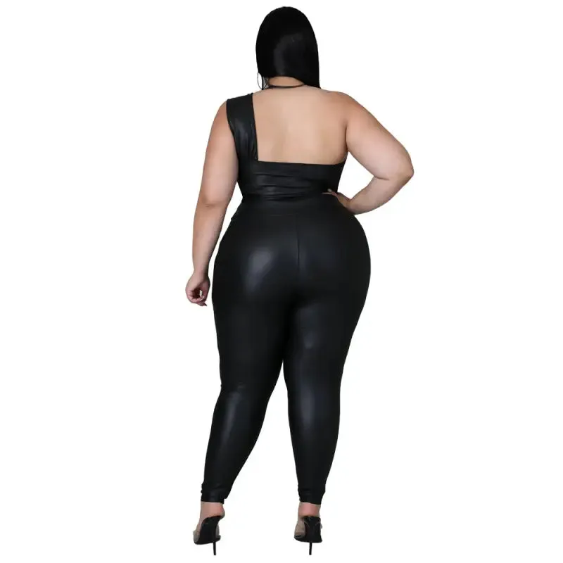 Plus-Size T-Cross PU Leather Top Leggings Set