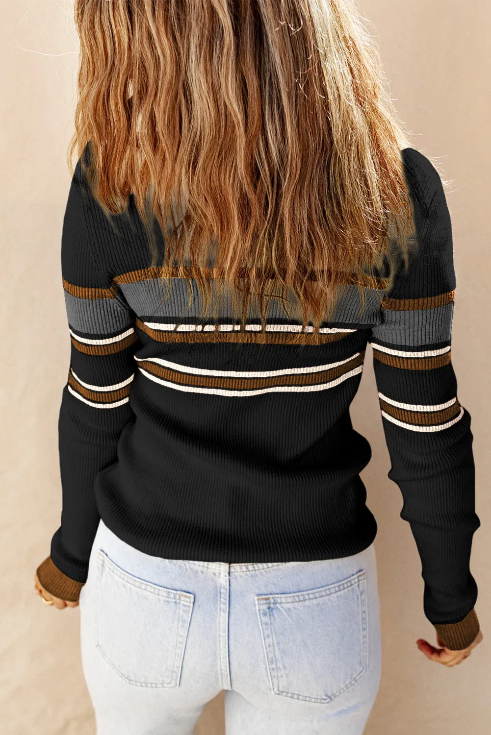 Rib Knitted Stripe Henley Sweater