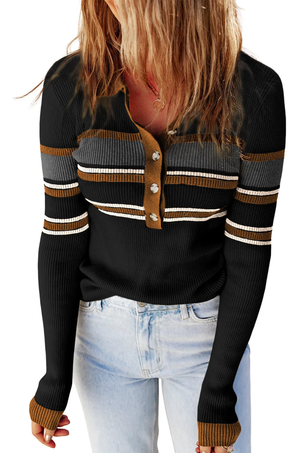 Rib Knitted Stripe Henley Sweater