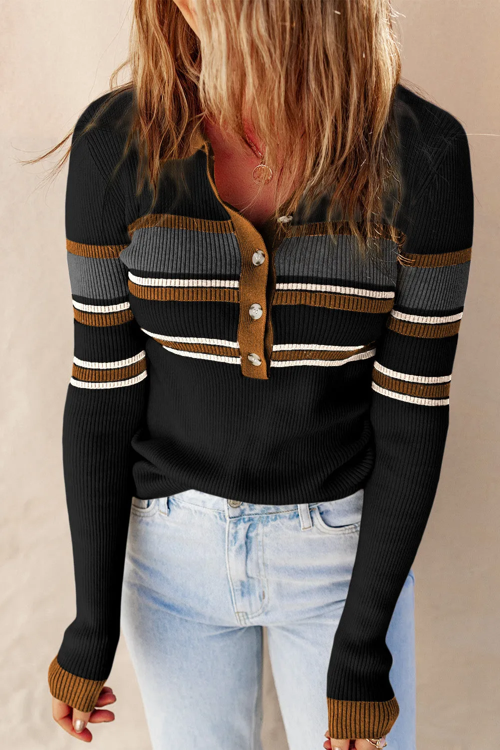 Rib Knitted Stripe Henley Sweater