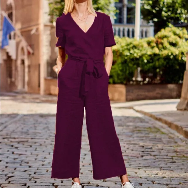 Rompers Jumpsuit Short Sleeve Playsuit Women Wide Leg Jumpsuit