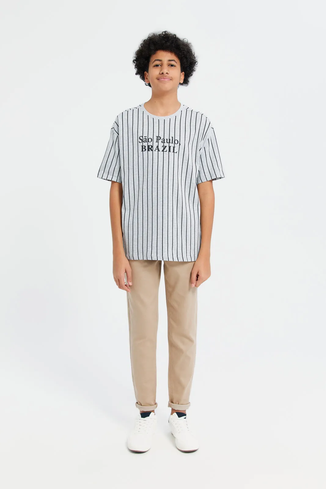 Senior Boys Grey Brazil Stripe Oversize T-Shirt