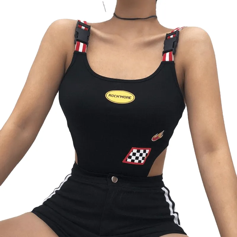 Sexy Women's Patchwork High Waist Bodycon Bodysuits Black Contrast Color