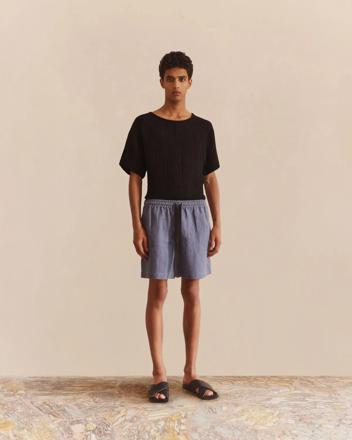 Sheer Stripe Linen Woven Tee Black