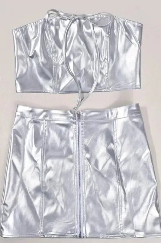 Silver Lining Tube Top PU Leather Mini Skirt Set