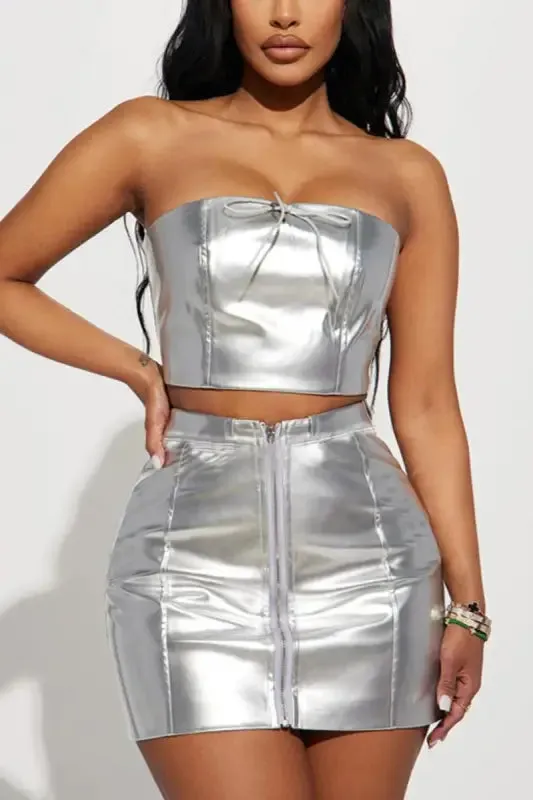 Silver Lining Tube Top PU Leather Mini Skirt Set