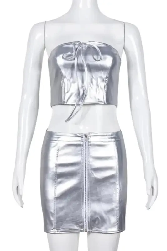 Silver Lining Tube Top PU Leather Mini Skirt Set