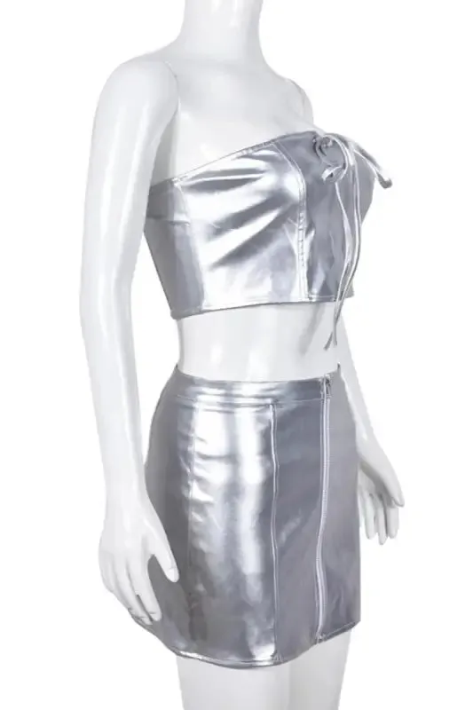 Silver Lining Tube Top PU Leather Mini Skirt Set