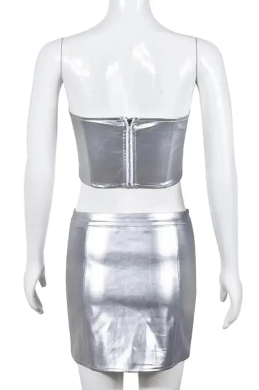 Silver Lining Tube Top PU Leather Mini Skirt Set