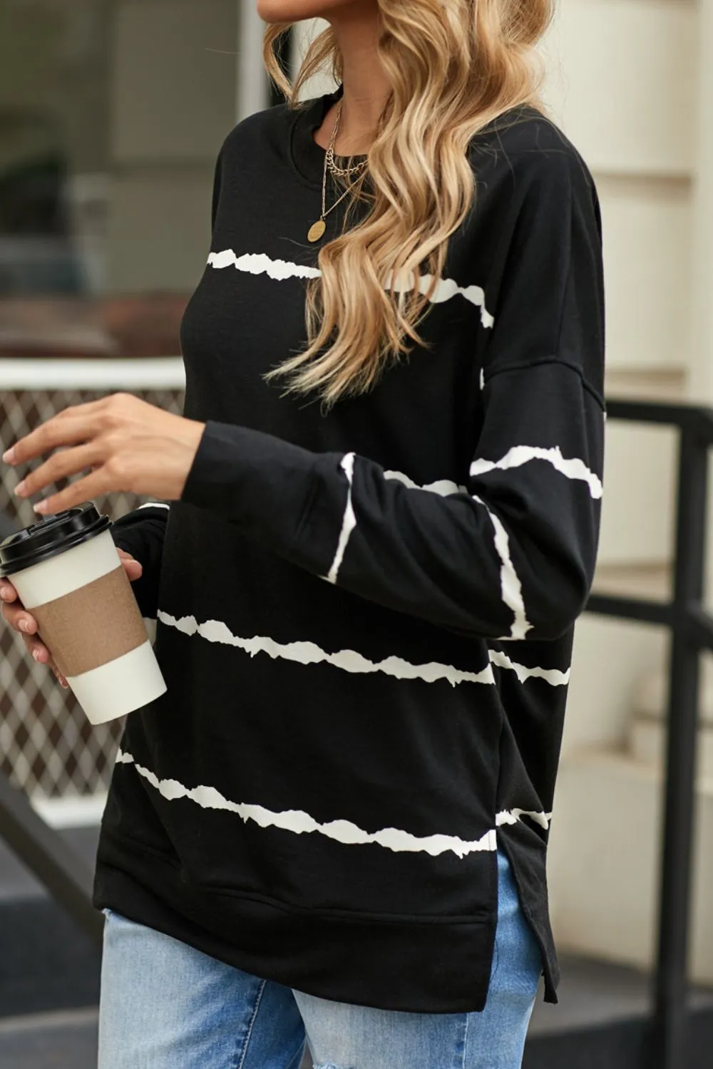 Slit Contrast Striped Round Neck Long Sleeve T-Shirt