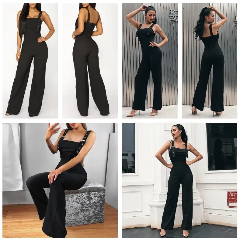 Solid Black Skinny Sleeveless Wide Leg Jumpsuit