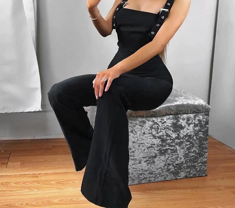 Solid Black Skinny Sleeveless Wide Leg Jumpsuit