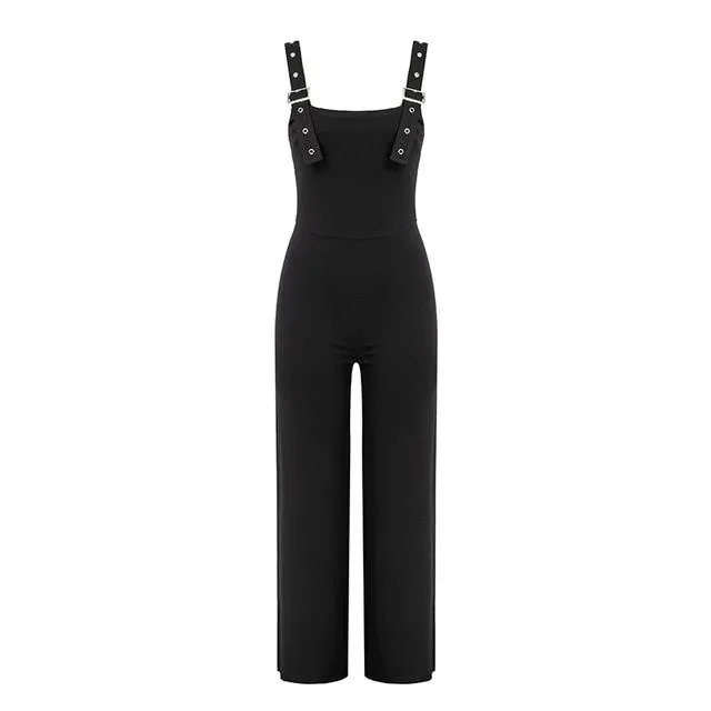 Solid Black Skinny Sleeveless Wide Leg Jumpsuit