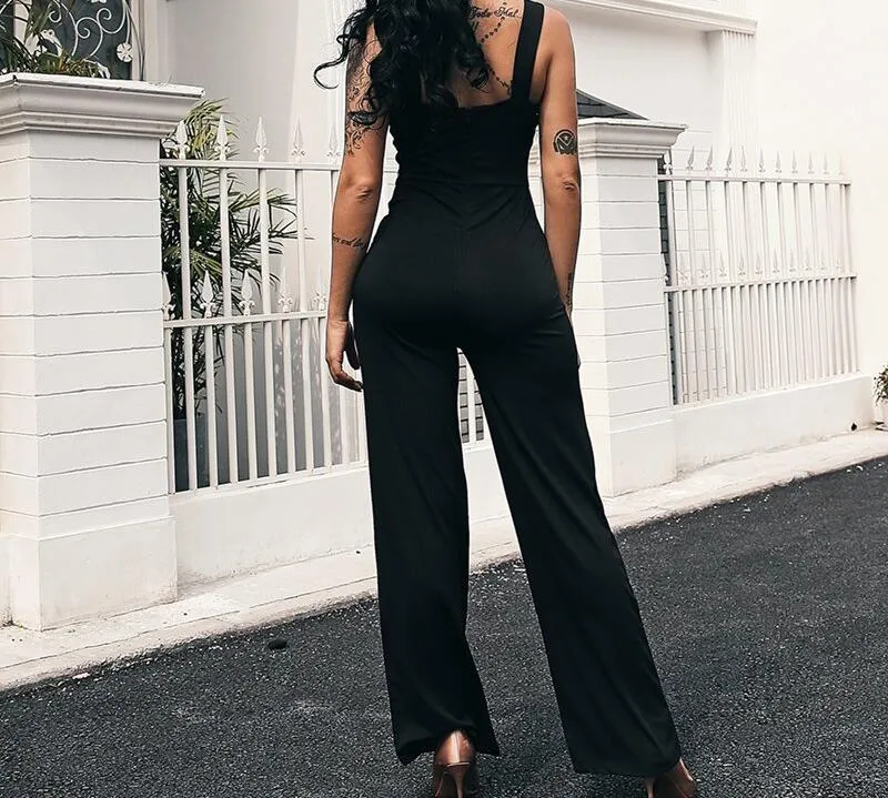 Solid Black Skinny Sleeveless Wide Leg Jumpsuit