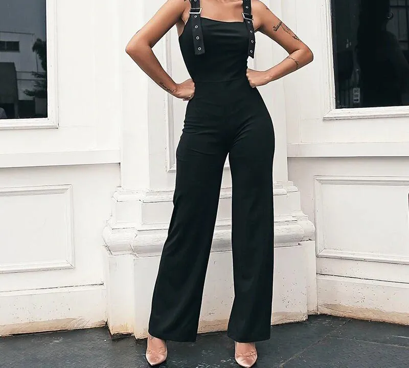 Solid Black Skinny Sleeveless Wide Leg Jumpsuit