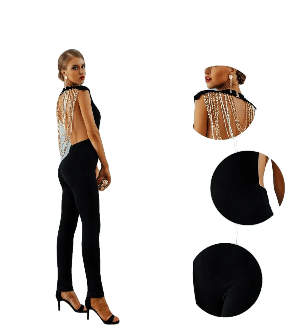 Solid Color Sexy Backless Sleeveless Night Club Party Jumpsuits For Ladies