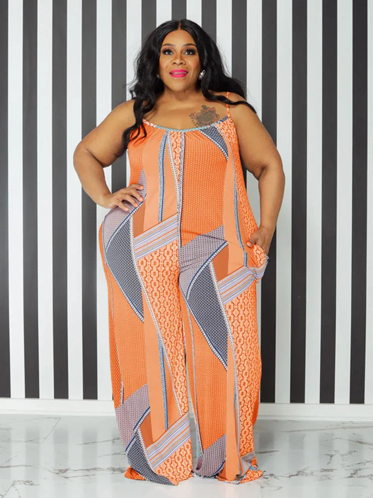 Spaghetti Strap Figure Print Plus Size Rompers