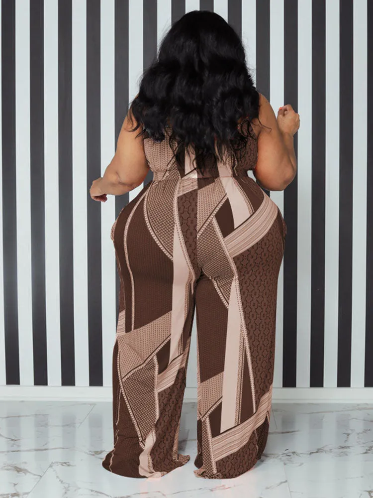 Spaghetti Strap Figure Print Plus Size Rompers