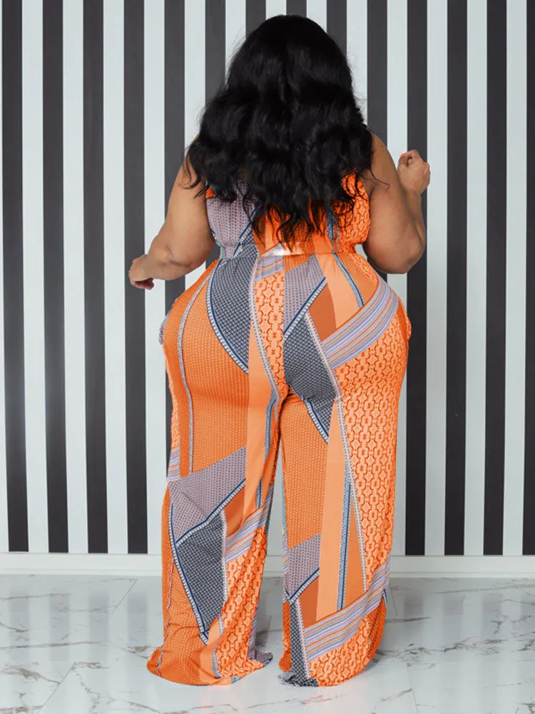 Spaghetti Strap Figure Print Plus Size Rompers