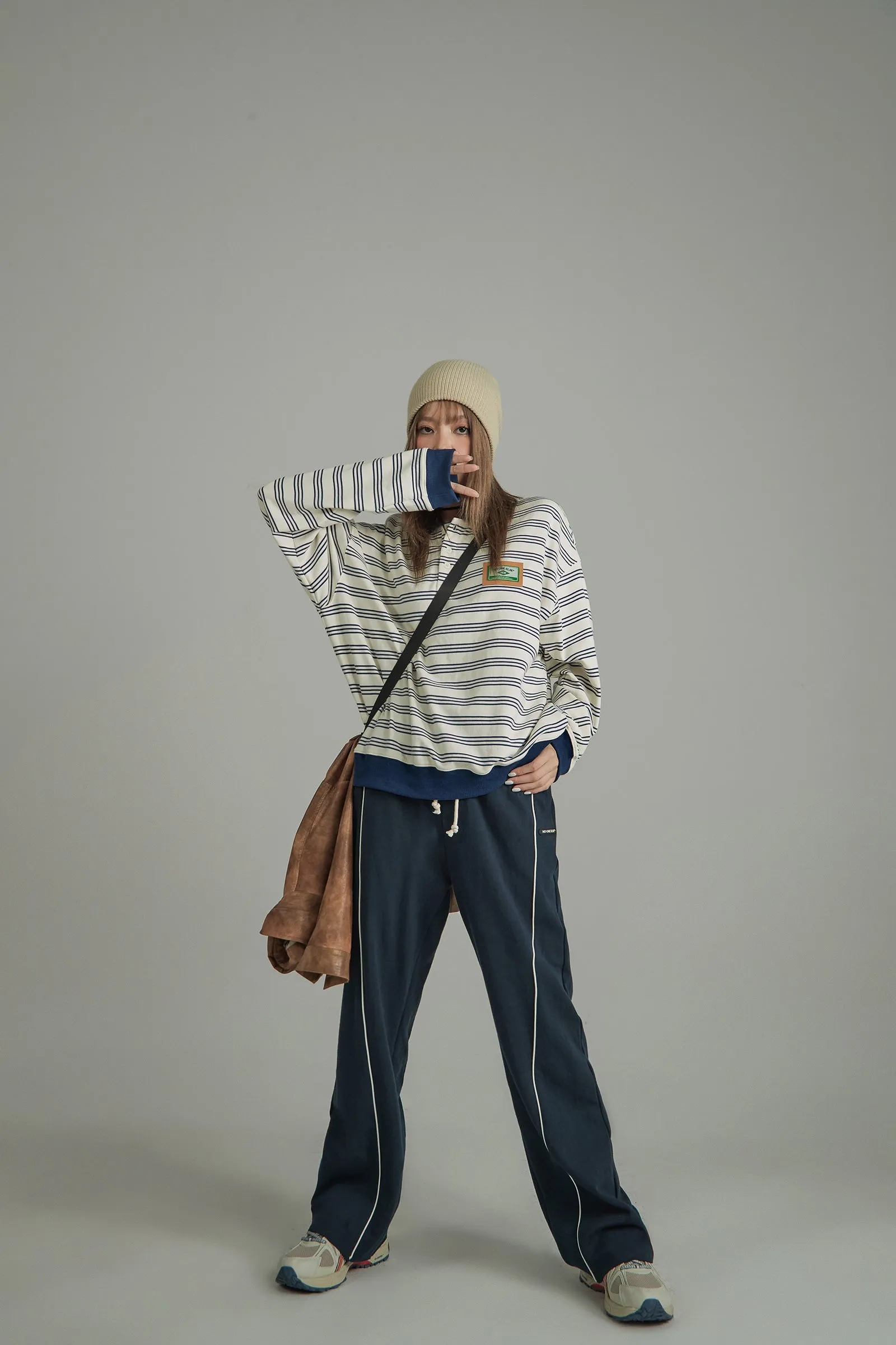 Striped Polo Neck Loose Fit T-Shirt