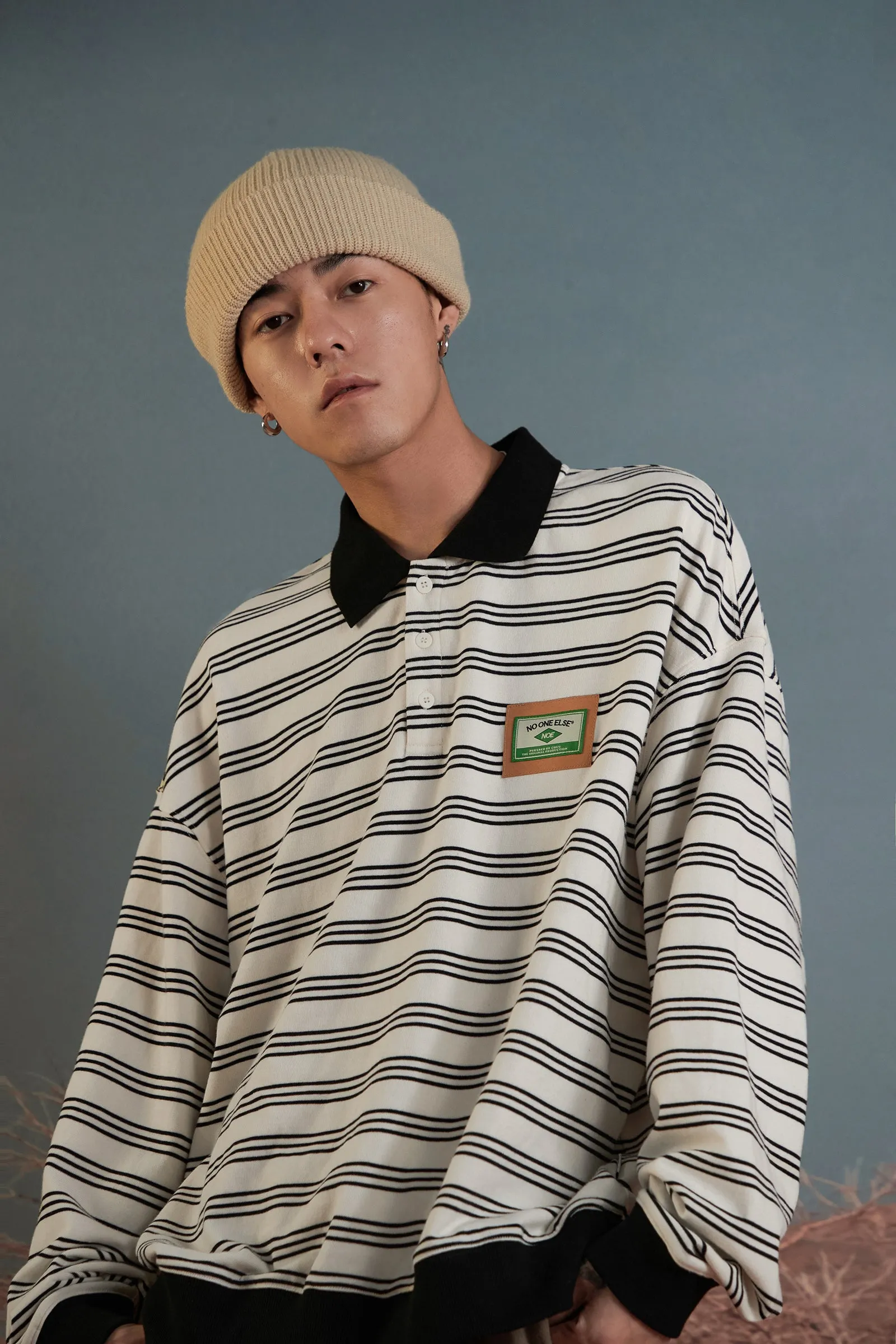 Striped Polo Neck Loose Fit T-Shirt