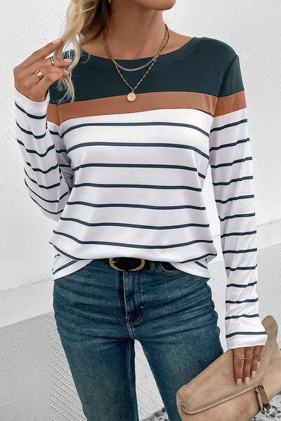 Striped Round Neck Long Sleeve T-Shirt Opaque