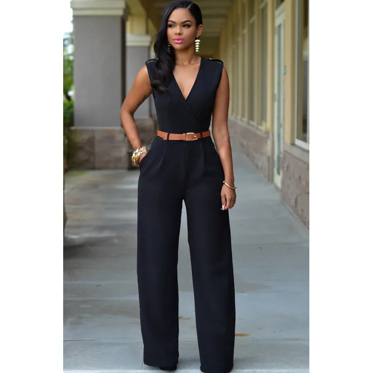 Surplice Collar Low Cut Sleeveless Rompers With Belt