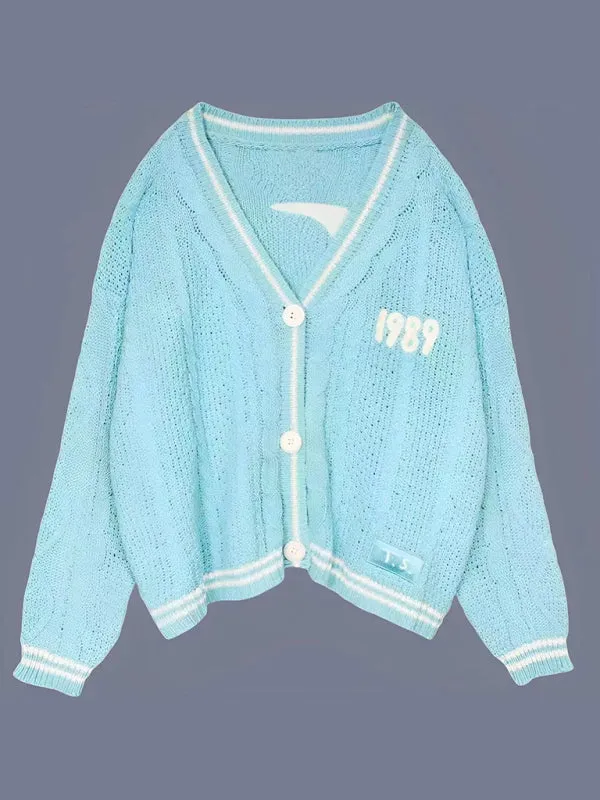 Taylor-Inspired Oversized Button-Up Sweater Cardigan with 1989 Star Embroidery