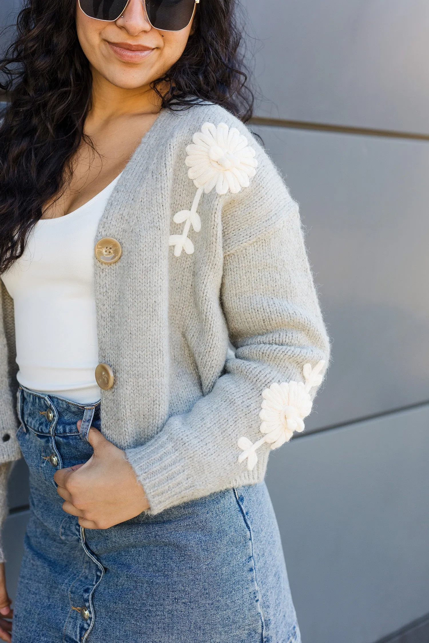 The Petal Party Grey Floral Patch Cardigan