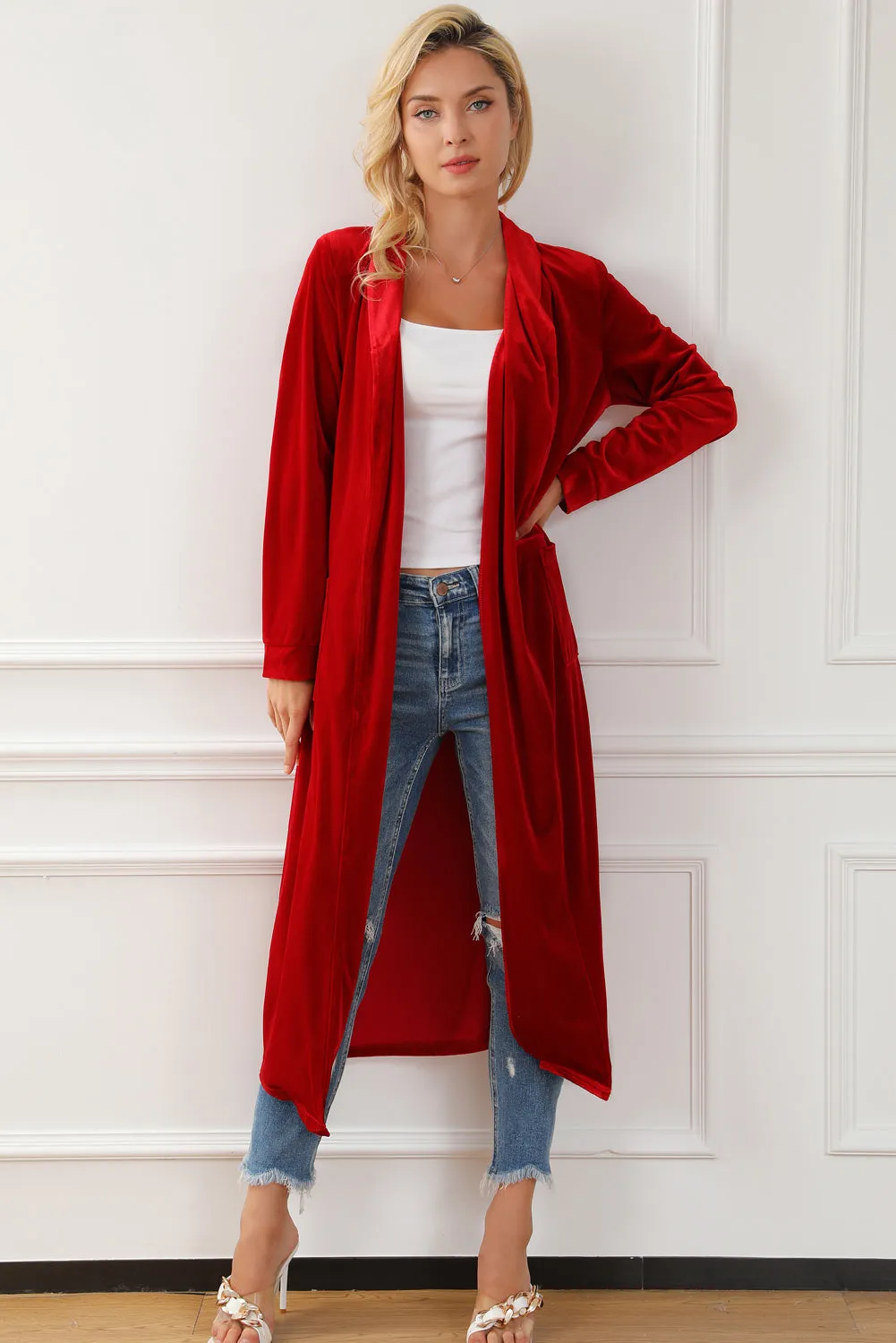 Velvet Open Front Pocketed Long Duster