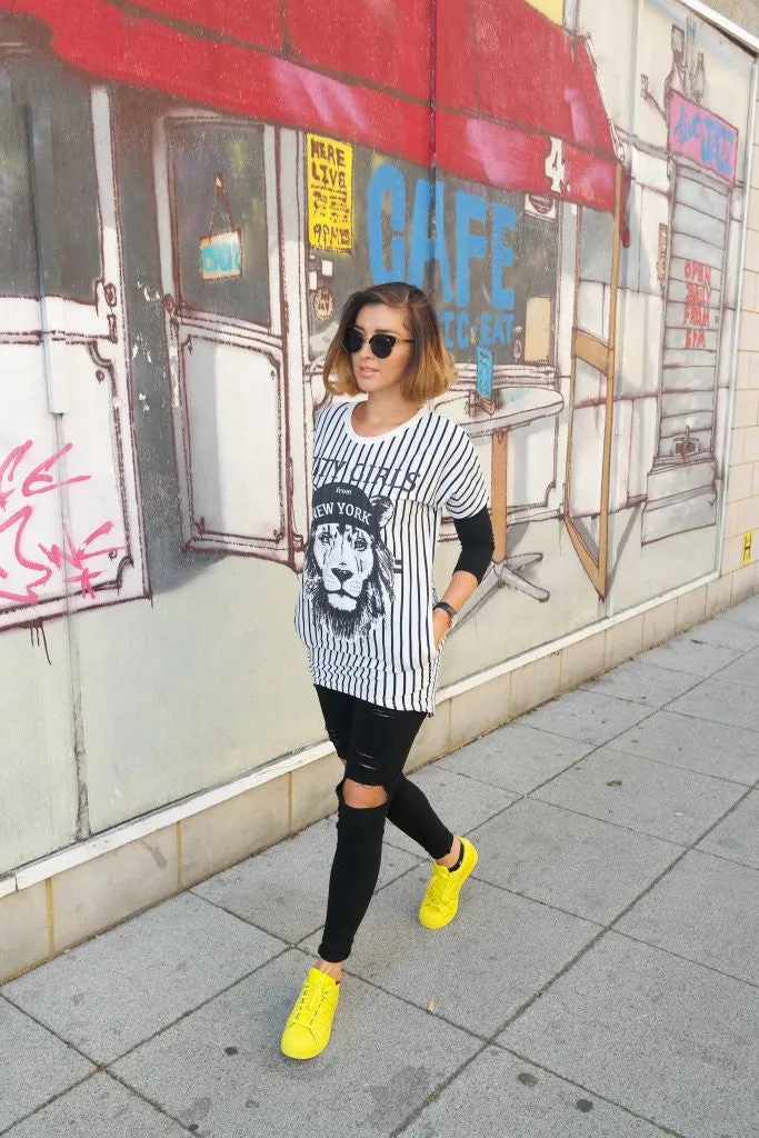 White Stripes Lion Animal Prints Short Sleeve Staight Shift Mini Jersey Casual Long t shirt Dress Summer New Women Fashion