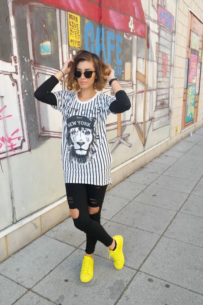 White Stripes Lion Animal Prints Short Sleeve Staight Shift Mini Jersey Casual Long t shirt Dress Summer New Women Fashion