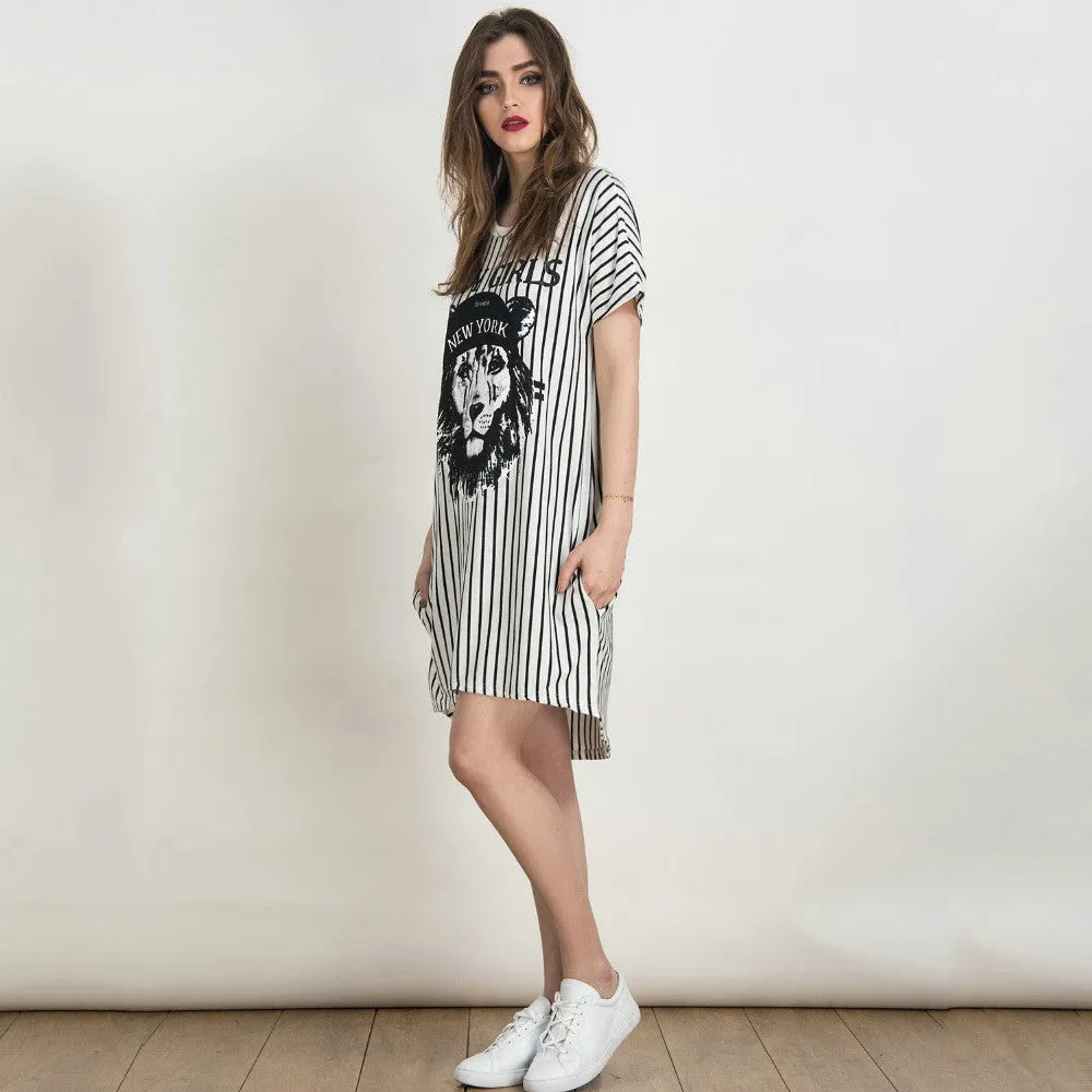 White Stripes Lion Animal Prints Short Sleeve Staight Shift Mini Jersey Casual Long t shirt Dress Summer New Women Fashion