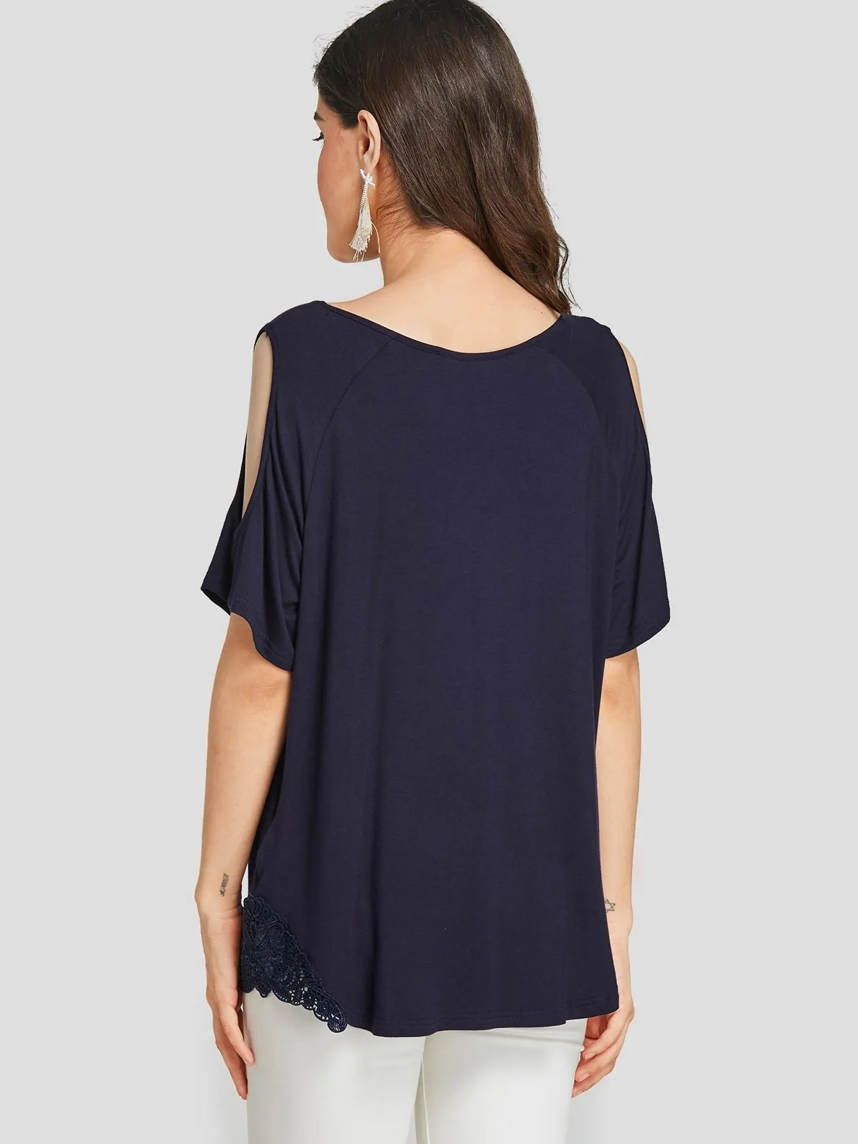 Wholesale Cold Shoulder Plain Lace Half Sleeve Navy T-Shirts