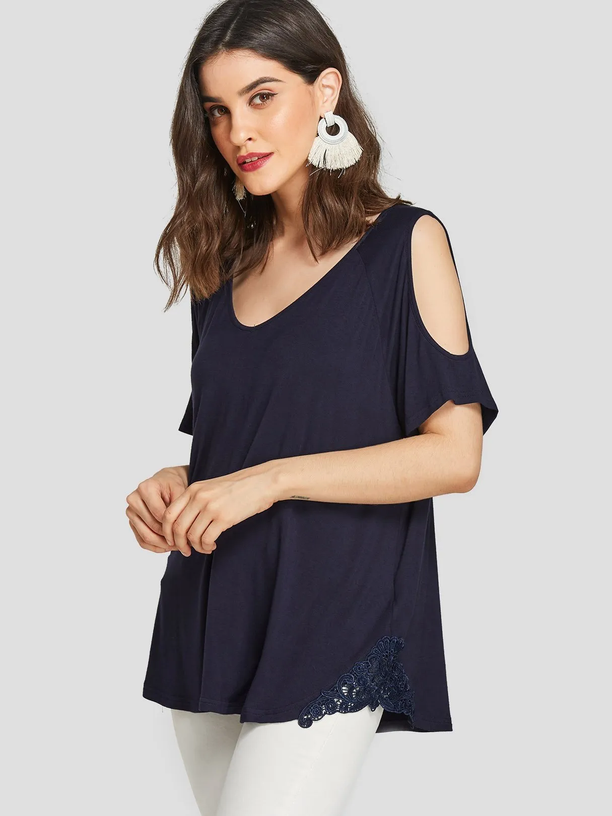 Wholesale Cold Shoulder Plain Lace Half Sleeve Navy T-Shirts