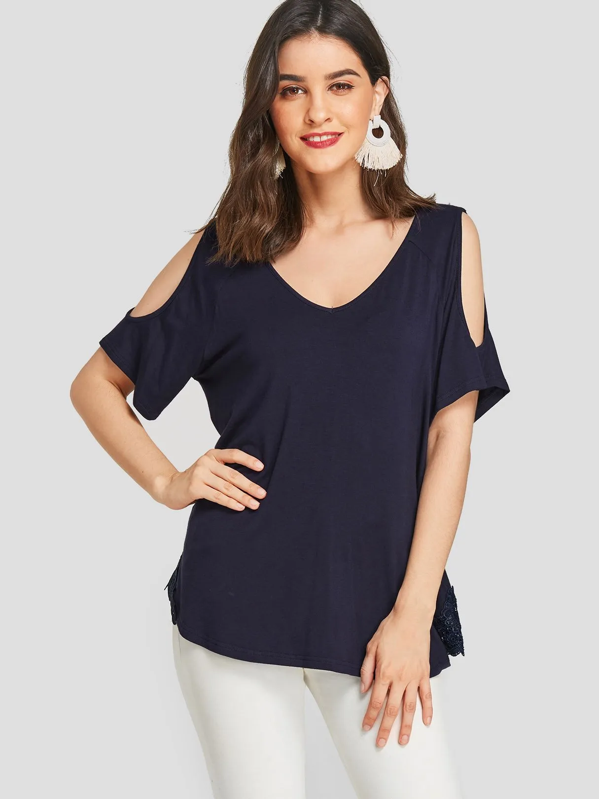 Wholesale Cold Shoulder Plain Lace Half Sleeve Navy T-Shirts