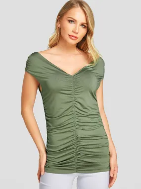 Wholesale Deep V Neck Plain Pleated Short Sleeve Army Green T-Shirts