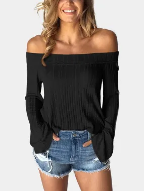 Wholesale Off The Shoulder Plain Long Sleeve Black Tops