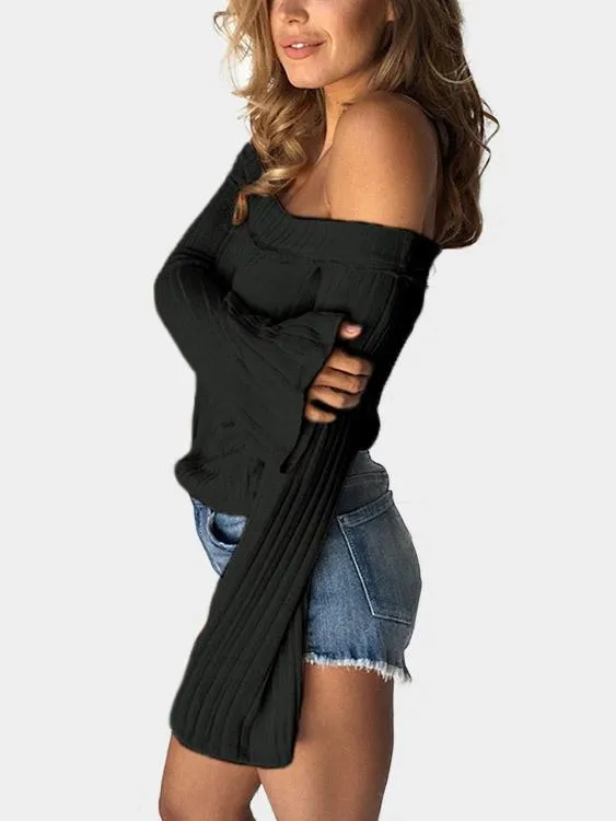 Wholesale Off The Shoulder Plain Long Sleeve Black Tops