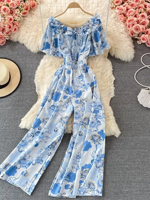 Women Romper Printed High Waist Short Sleeve Vacation Beach Jumpsuits