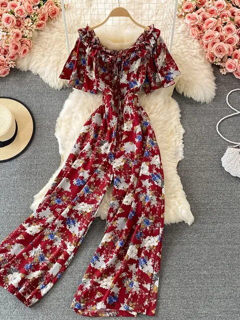 Women Romper Printed High Waist Short Sleeve Vacation Beach Jumpsuits