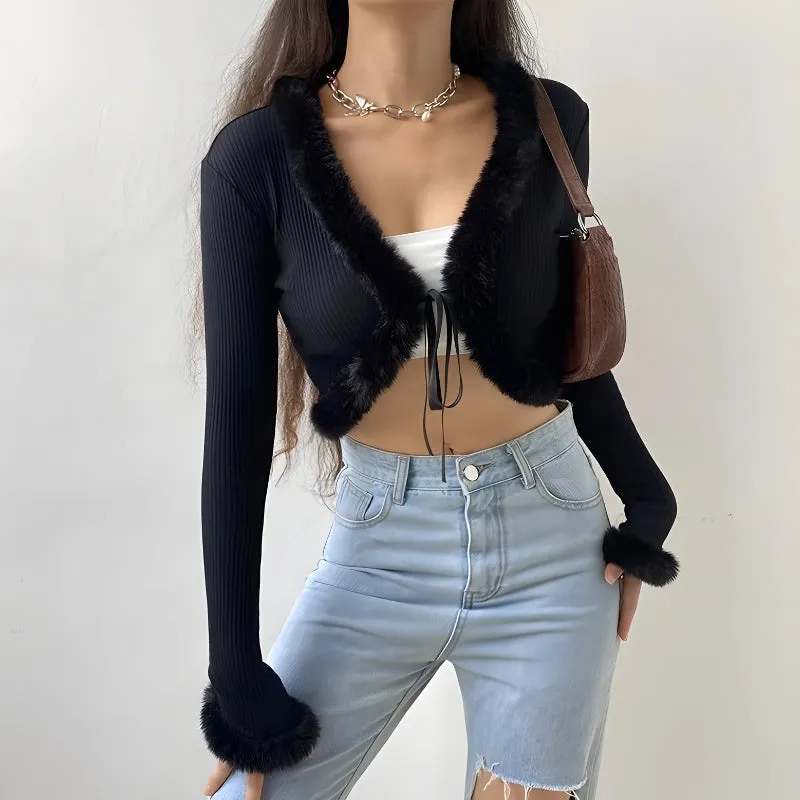 Y2K Faux Fur Corduroy Crop Cardigan