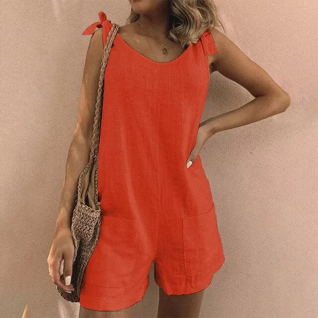 Yeknu Sleeveless Backless Solid Women's Rompers Summer Tunic Casual Beach Female Playsuits  Cotton Linen Ladies Beachwear For Girl