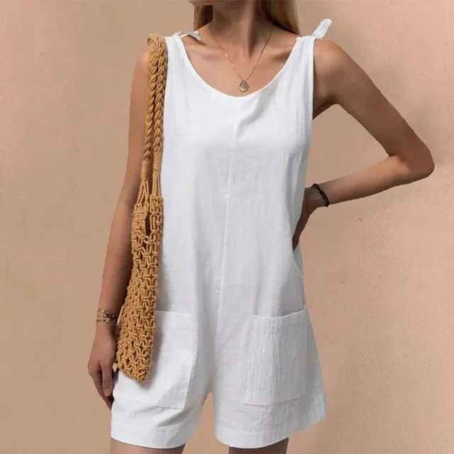 Yeknu Sleeveless Backless Solid Women's Rompers Summer Tunic Casual Beach Female Playsuits  Cotton Linen Ladies Beachwear For Girl