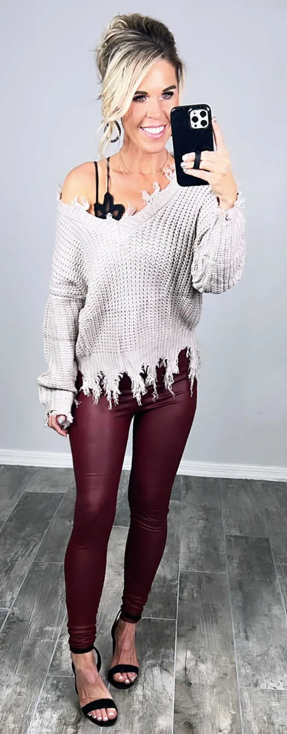 Zip Front Faux Leather Leggings - Burgundy