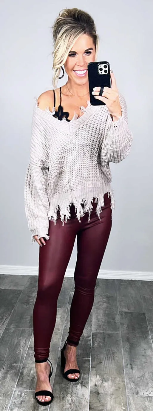 Zip Front Faux Leather Leggings - Burgundy